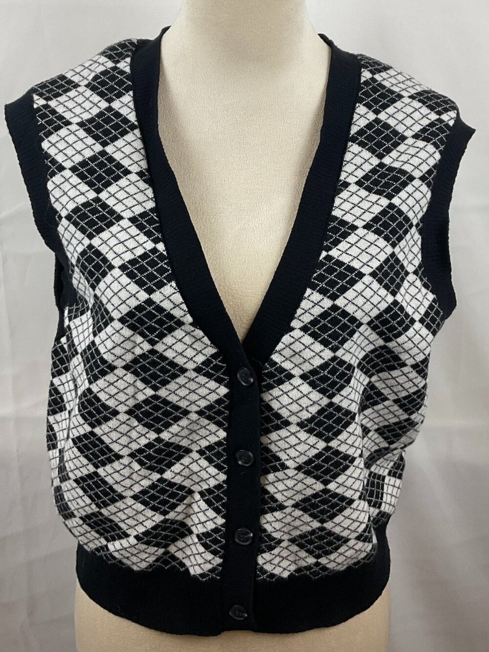 Maeve by Anthropologie Sweater Vest L Black White Argyle Style Print